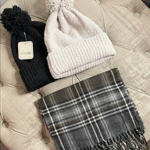 Black and White Pom Pom Beanies with Gray Plaid Scarf